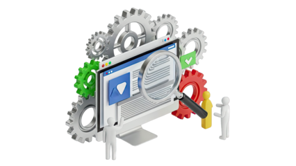 Digital marketing analysis with gears and magnifying glass