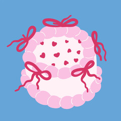 Cute cake with bows and hearts. Valentines Day Cake. Anniversary Celebration. Doodle dessert vector Illustrations