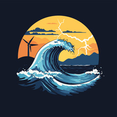 Wave energy concept with a wave, turbine, and lightning bolt, symbolizing renewable energy and power generation from the ocean , vector style simple color