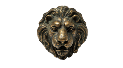 Ornate bronze lion head door knocker representing strength, courage, royalty, and security on transparent background
