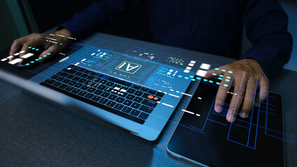 Humans are using laptops and computers to interact with AI and smart dashboards, enabling them to create, code, train AI, or analyze big datasets with fast and cutting-edge technology.