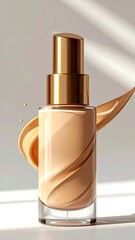 Naklejka premium A sleek glass bottle with a golden cap showcases foundation. A swirled smear of makeup exudes near the bottle, suggesting texture. A minimalist vibe is maintained