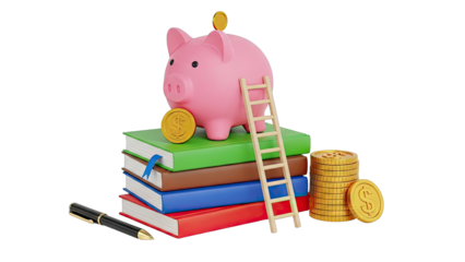Piggy Bank on Books with Coins and Ladder