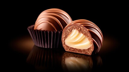 Two glossy chocolate truffles on a black reflective surface, one cut open to reveal a creamy caramel center!!!