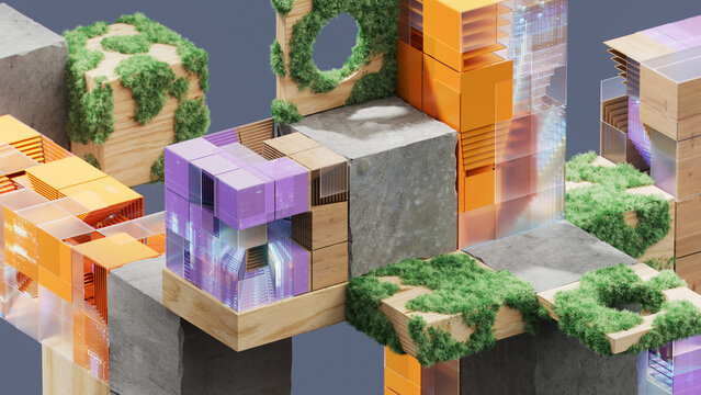 Biophilic 3D Modular Bridge in Wood and Glass with Moss