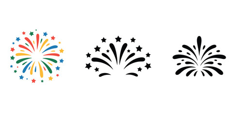 Firework Icon Set with Colorful and Silhouette Burst Shapes Isolated on White Background