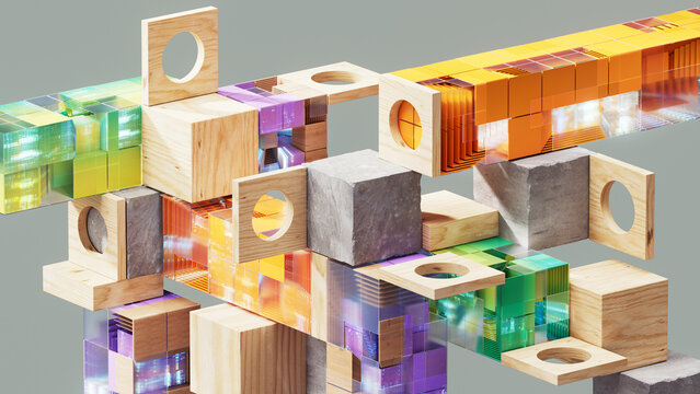 Modular Wood Glass and Stone Grid with Circular Apertures