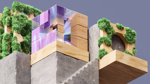 Sustainable 3D Wood and Glass Cubes on Concrete with Moss