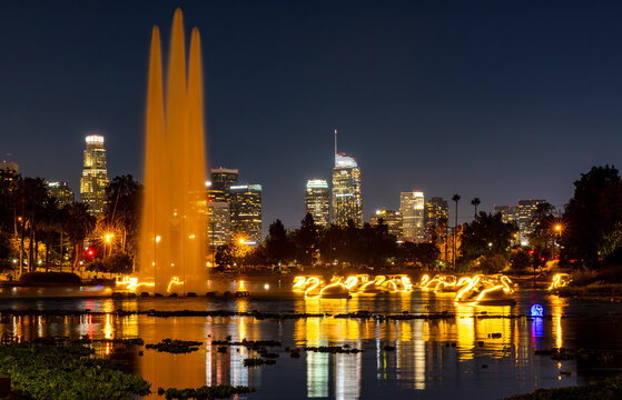 Fountain Los Angeles city skyline Echo Park Night
