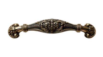 Vintage brass drawer pull with ornate baroque design detailing, classical furniture hardware element on transparent background