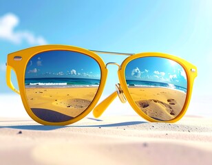 Yellow sunglasses reflect beach scene with sand, sea, and sky