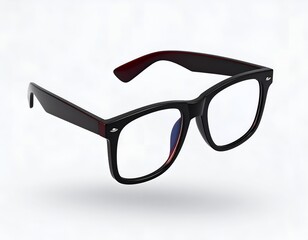 Black-rimmed eyeglasses with red accents, floating on a white background