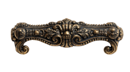 Ornate antique bronze drawer handle, vintage furniture hardware featuring decorative baroque style details, transparent background