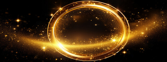 Mystical glowing gold circle with floating glitter dust and radiant highlights, fantasy-inspired elegant style, rich golden yellow tones, soft focus light particles, transparent background, decorative