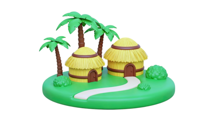 Tropical Huts with Palm Trees