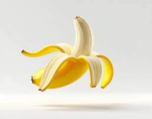 Floating, partially peeled banana on a white backdrop, soft light