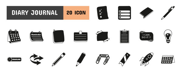20 Diary Journal Glyph Icon Illustration Set