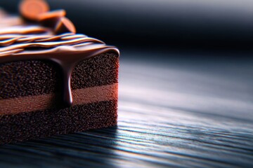 A close-up of a glossy chocolate brownie slice with dripping ganache on a dark wooden surface. Rich aroma now