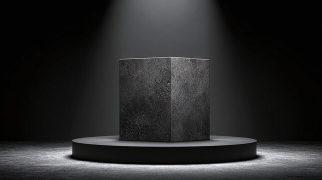 A spotlight shines on a dark gray pedestal on a dark background. The pedestal is cylindrical with a square top