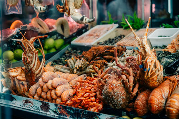 Fresh Seafood Display at a Local Market in the Afternoon Sun