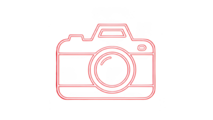 Vibrant red neon outlined camera icon glowing brightly against transparent background