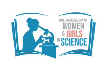 Vector illustration of a woman scientist using a microscope, symbolizing women and girls in science, STEM education, and gender equality in scientific research.