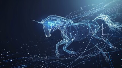Digital Momentum Visualization: Galloping Horse Formed by Flowing Data Points and Lines Representing Speed and Technological Progress