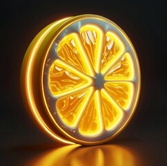 A vibrant neon-lit lemon slice against a dark background
