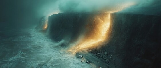 A dramatic landscape of a fiery stormy ocean with a cliffside