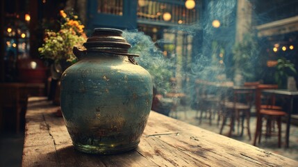 Vintage water jar with swirling smoke on a rustic street caf&eacute; setting, evoking cozy atmosphere and decorative charm in outdoor urban scene