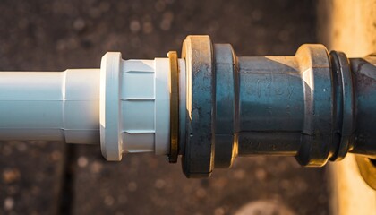 Metal plastic pipe connection closeup. Sunlight highlights textures, showing durability, utility, and the importance of robust plumbing in construction and infrastructure.
