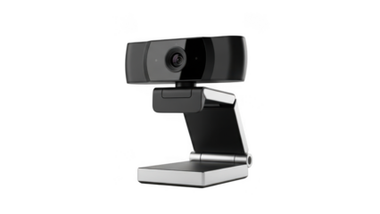 Professional black webcam with sharp image quality and versatile mounting options for modern communication isolated on transparent background