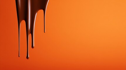 Smooth melted chocolate drips down a warm orange gradient background, rich and glossy. Inviting texture. Lush!