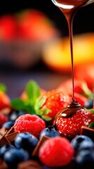 Close-up of vibrant berries with glossy chocolate drizzle, capturing fresh colors and glossy glaze. And shine!