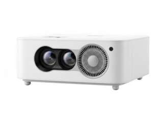 Modern white home theater projector with dual lenses and advanced cooling system isolated on transparent background