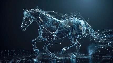 Digital Momentum Visualization: Galloping Horse Formed by Flowing Data Points and Lines Representing Speed and Technological Progress