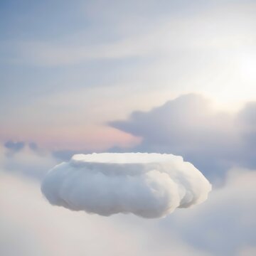 Ethereal floating cloud podium made of soft white fabric against dreamy pastel pink and blue sky
