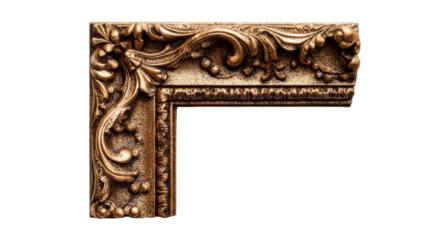 Ornate antique gold picture frame corner with baroque floral decoration elements on transparent background