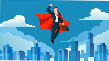 Confident businessman in superhero cape flying over cityscape © Riya
