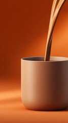 A warm orange background frames a smooth ceramic cup as rich liquid pours into the mug, capturing calm motion