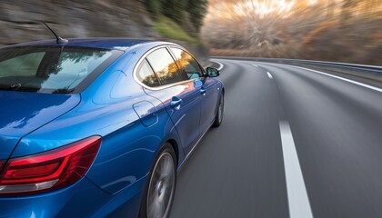 Blue sedan speeds on highway, sunlight reflecting on glossy surface, with dynamic motion blur and dust for a sense of freedom and excitement.
