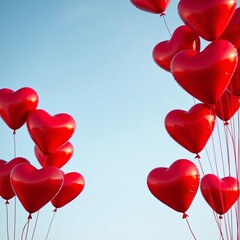 Red heart-shaped balloons float against a soft blue sky,  upbeat,  airy