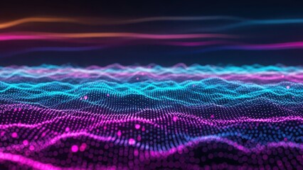 Dynamic abstract digital background with glowing particle waves, illustrating data flow, futuristic technology, and sound visualization in vibrant colors