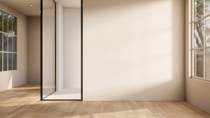 Black frame glass door of white wall inner room on wooden parquet floor with sunlight through window