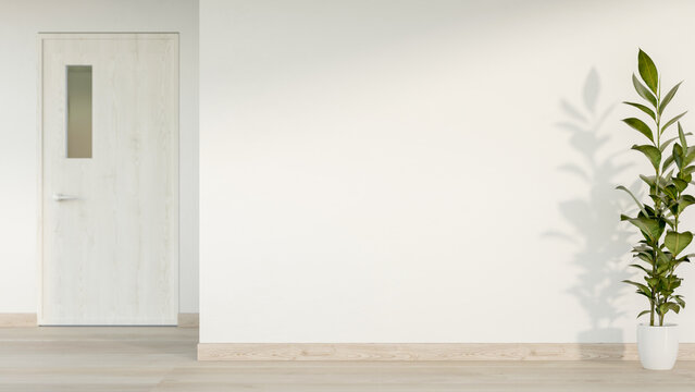 Potted green houseplant on wooden parquet floor in corridor and a marble door in the white wall room