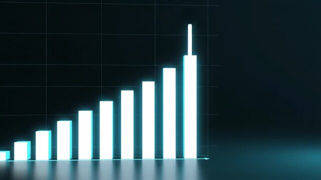 Glowing ascending bar chart on dark grid background showing business growth and data progress with neon glowing grid progress and finance bar chart analysis for modern data driven growth and analytics