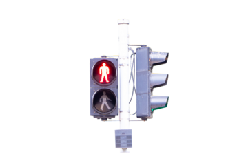 Traffic lights with green or red light lit hanging on steel pole isolated on cut out PNG or transparent background. Safety people to travel. Sign or symbol icon pedestrians not allowed crossing road.