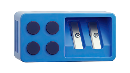 Blue double-hole pencil sharpener with four dark circles