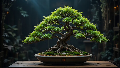 Intricate Verdant Bonsai Tree on Weathered Wooden Platform with Mystical Lighting and Serene Forest Atmosphere