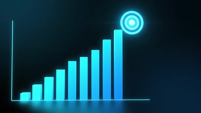 Neon blue bar chart growth analytics rising toward target on dark background with glowing gridline data visualization conveying upward business performance metric and strategic success